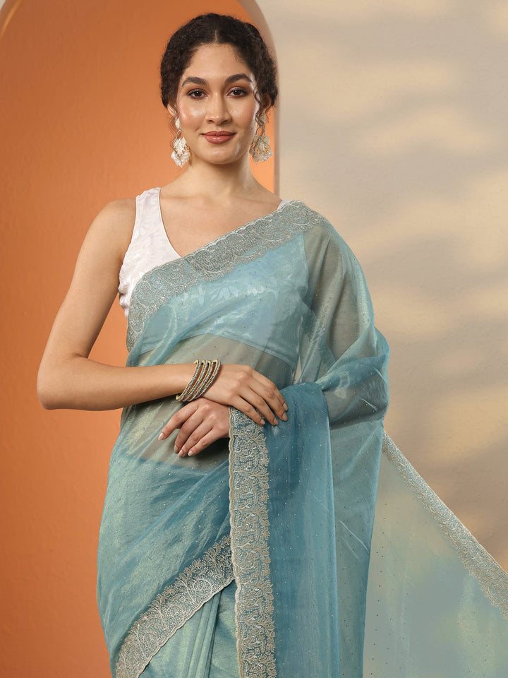 Sea Green Embellished Nylon Saree With Unstitched Blouse Piece