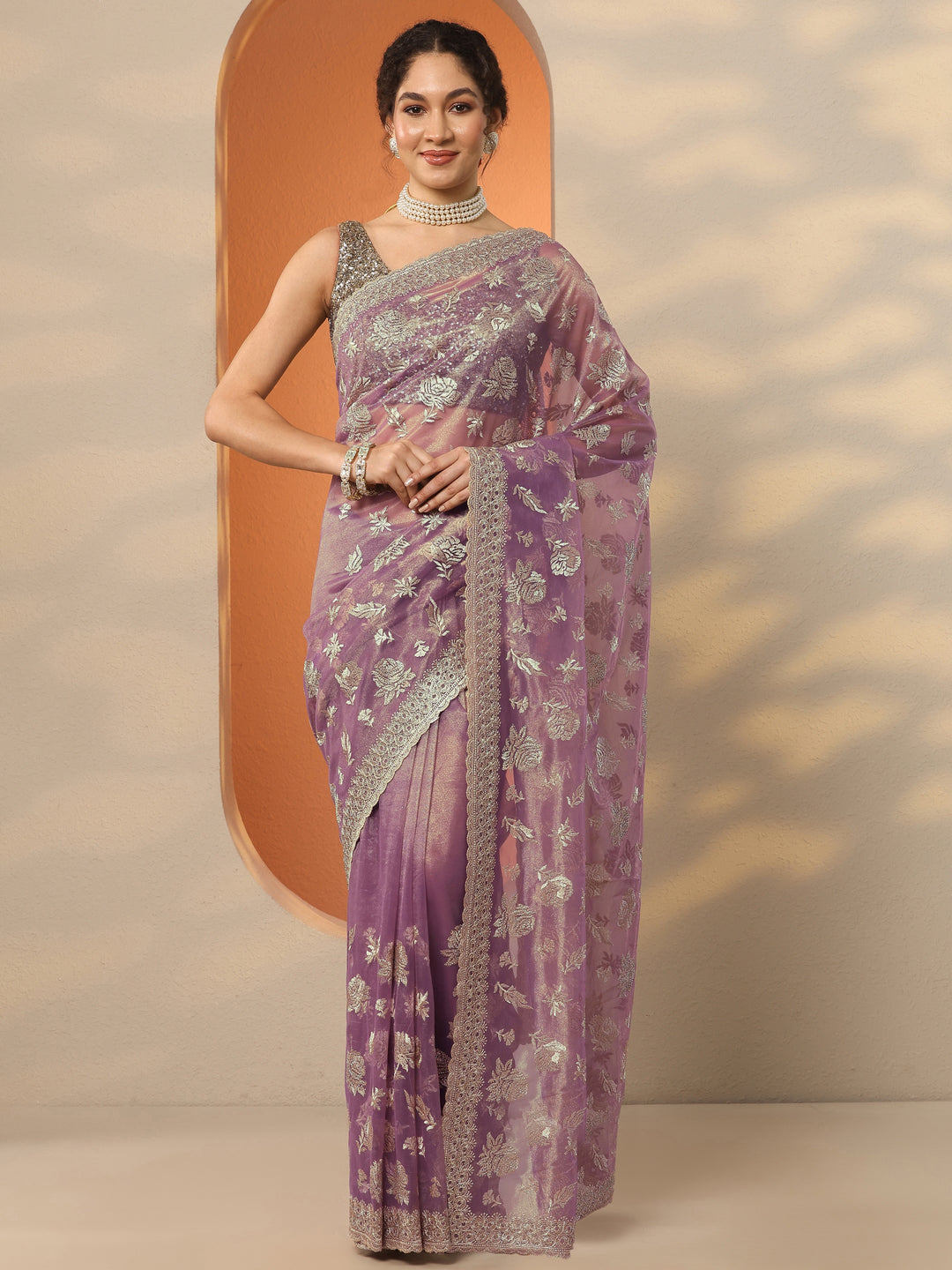 Lavender Embroidered Nylon Saree With Unstitched Blouse Piece