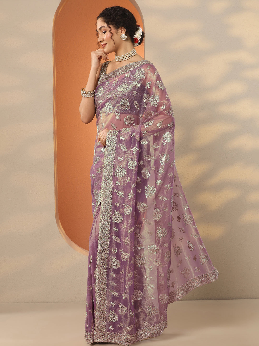 Lavender Embroidered Nylon Saree With Unstitched Blouse Piece