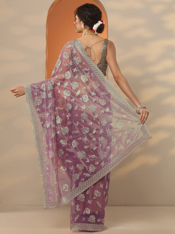 Lavender Embroidered Nylon Saree With Unstitched Blouse Piece