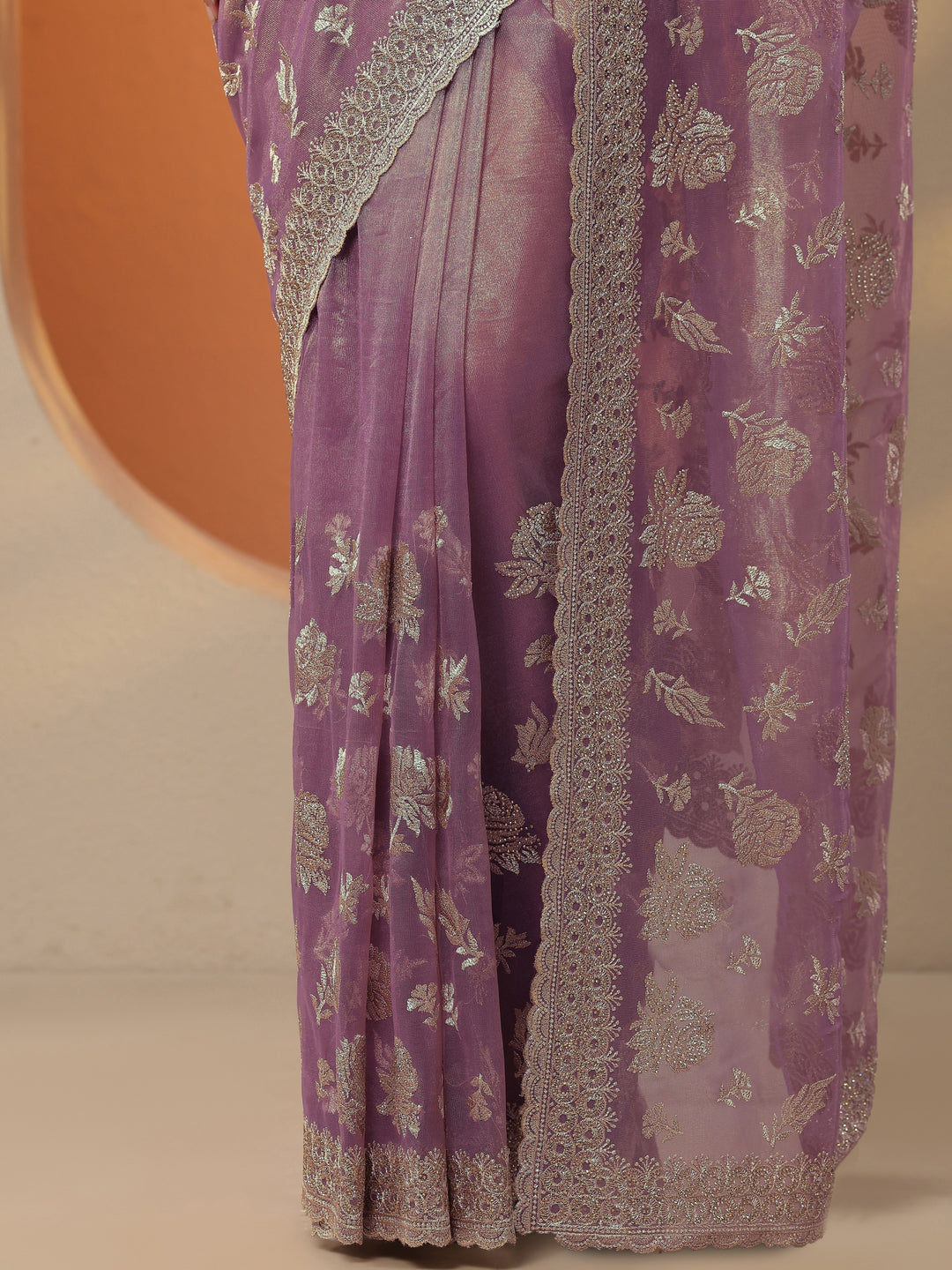 Lavender Embroidered Nylon Saree With Unstitched Blouse Piece