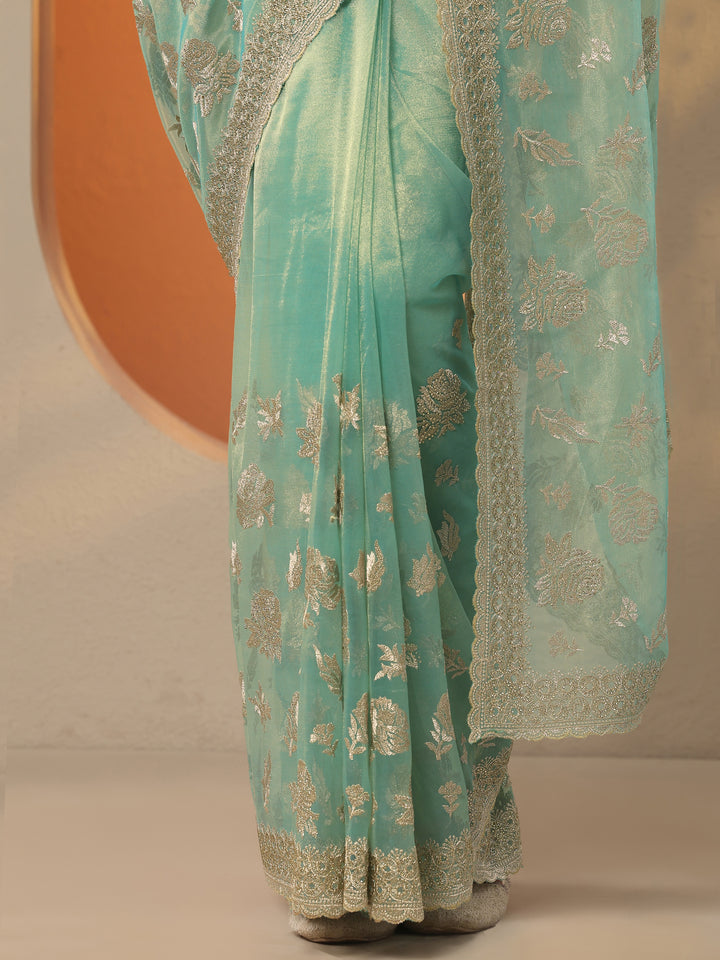 Green Embroidered Nylon Saree With Unstitched Blouse Piece