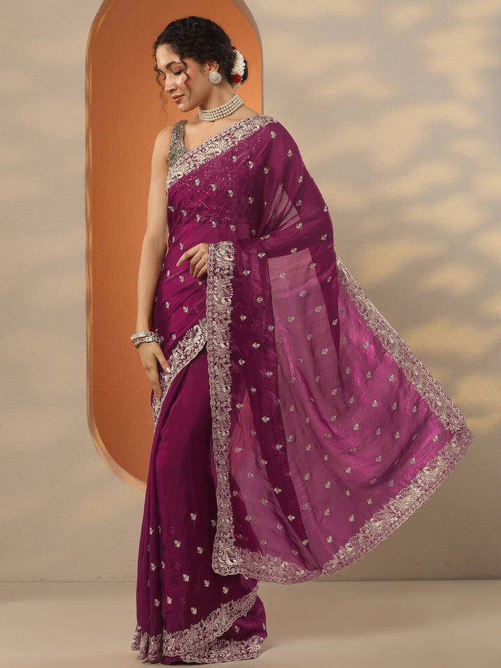 Magenta Embroidered Organza Saree With Unstitched Blouse Piece