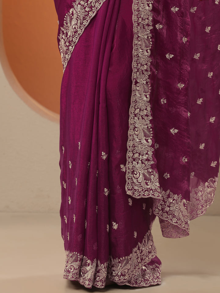 Magenta Embroidered Organza Saree With Unstitched Blouse Piece