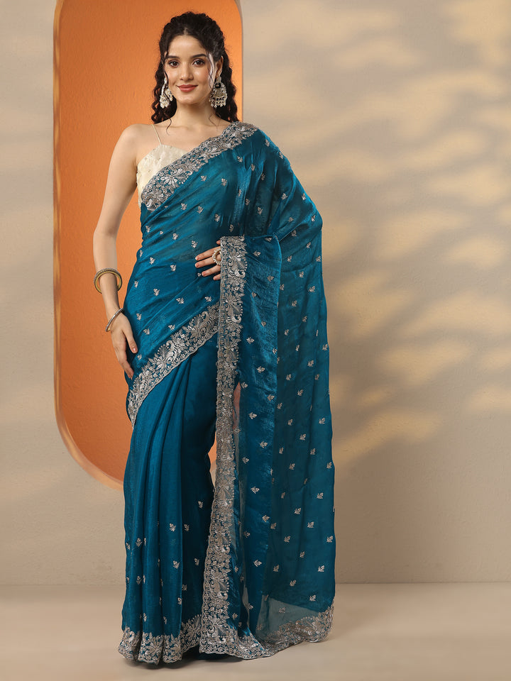 Teal Embroidered Organza Saree With Unstitched Blouse Piece