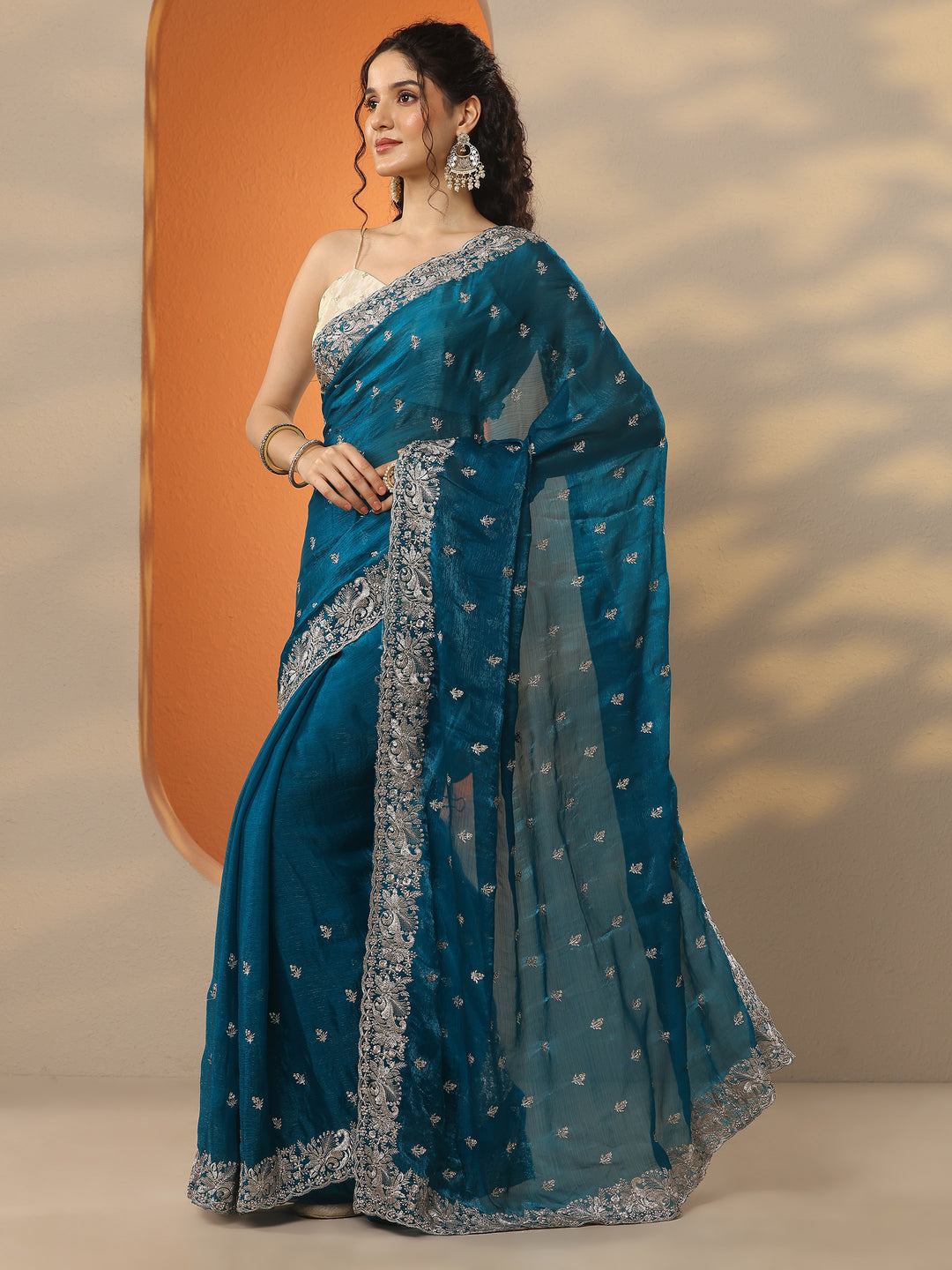 Teal Embroidered Organza Saree With Unstitched Blouse Piece