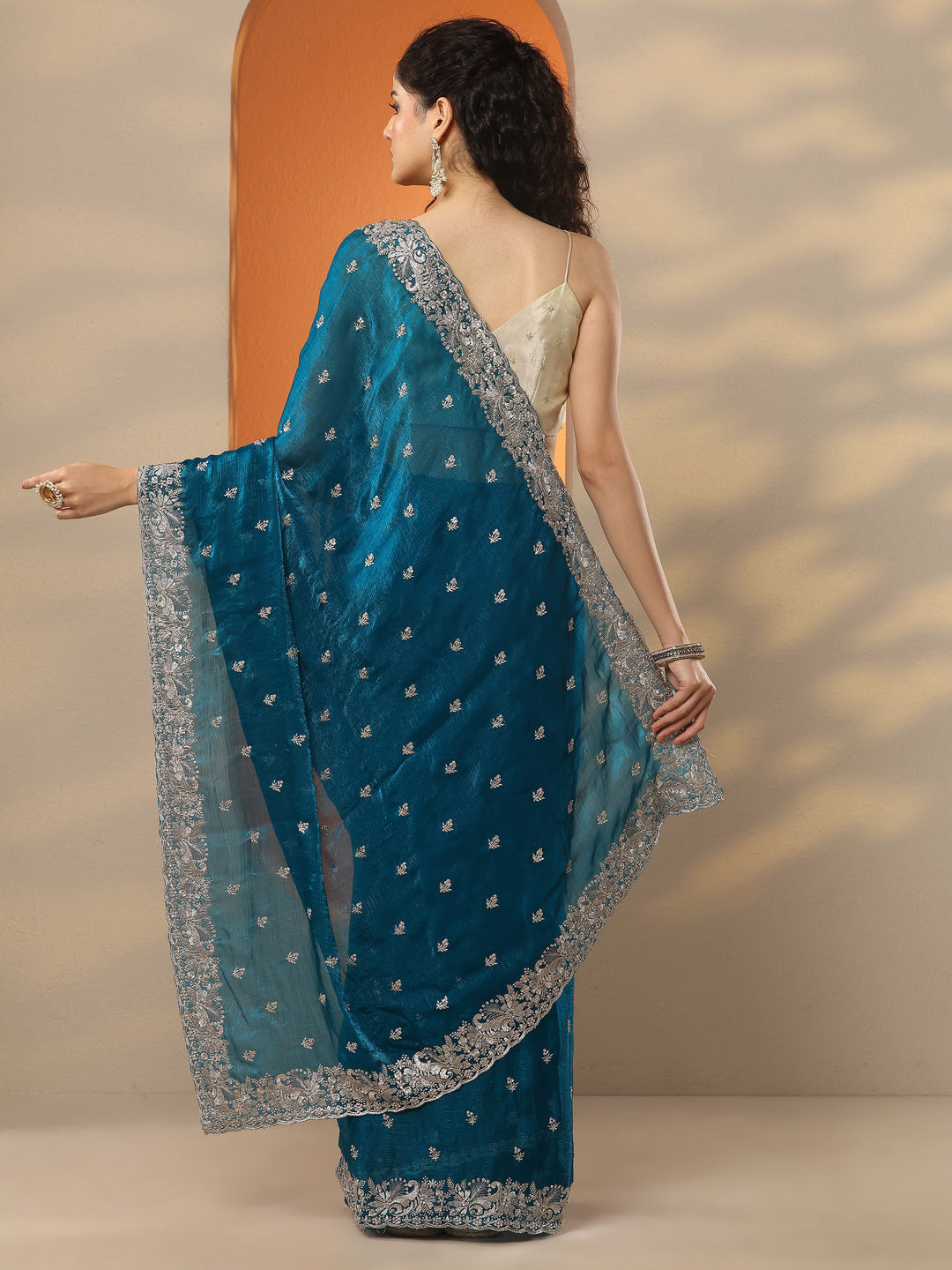 Teal Embroidered Organza Saree With Unstitched Blouse Piece