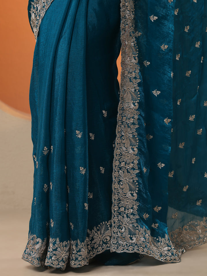 Teal Embroidered Organza Saree With Unstitched Blouse Piece