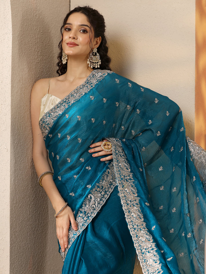 Teal Embroidered Organza Saree With Unstitched Blouse Piece