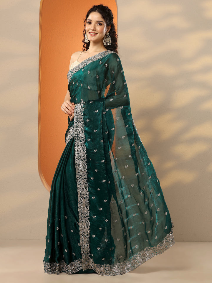 Green Embroidered Organza Saree With Unstitched Blouse Piece