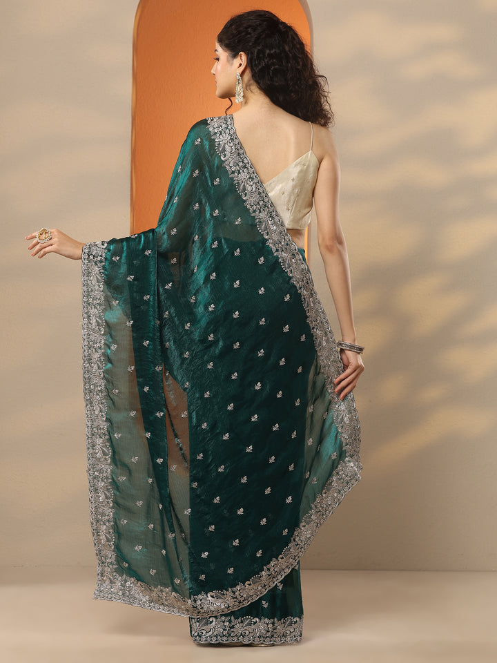 Green Embroidered Organza Saree With Unstitched Blouse Piece