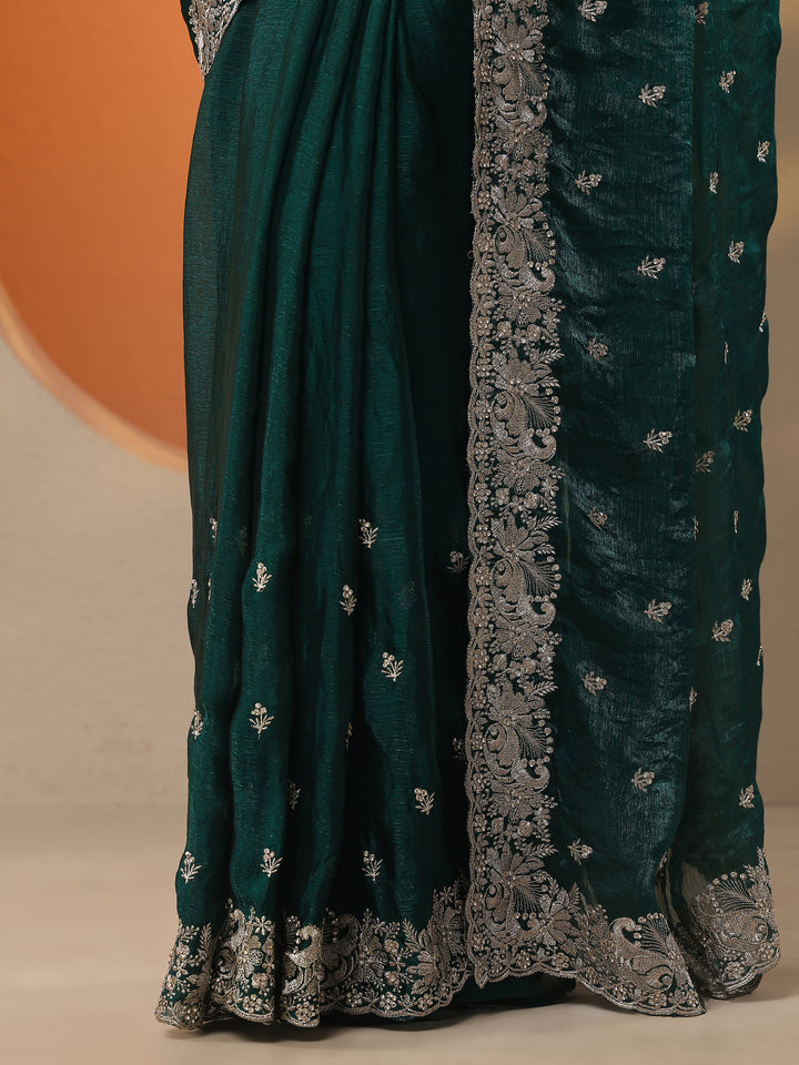 Green Embroidered Organza Saree With Unstitched Blouse Piece