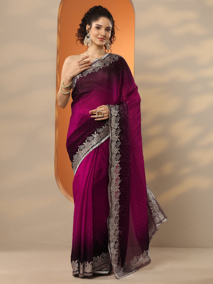 Maroon Embellished Organza Saree With Unstitched Blouse Piece