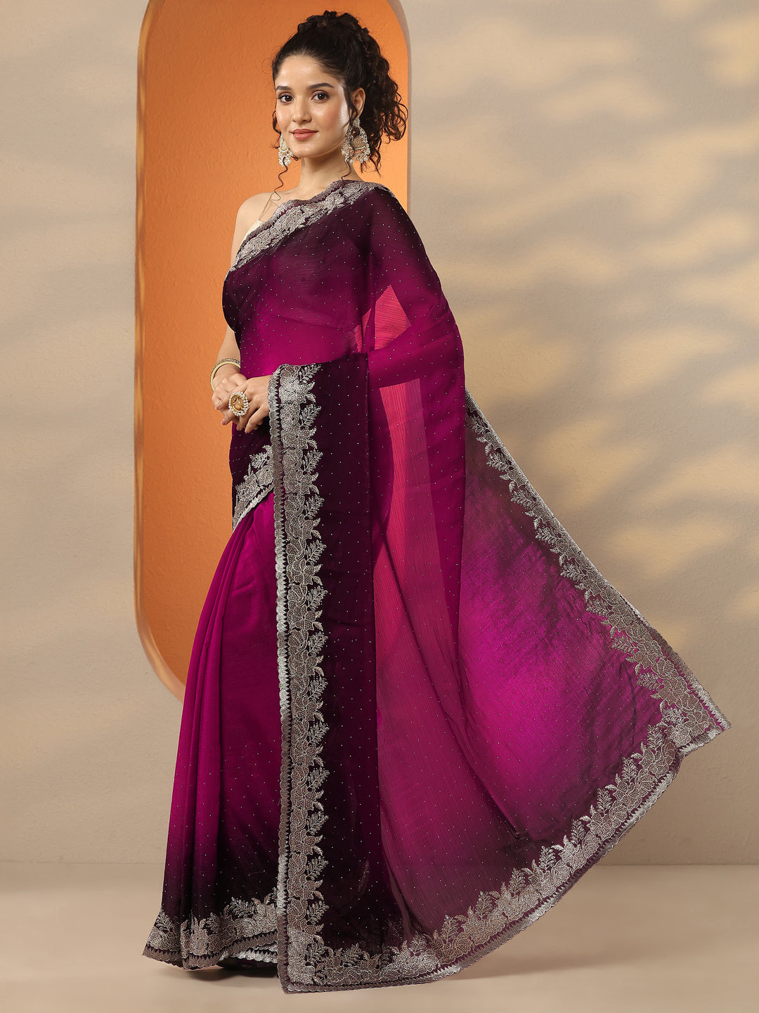 Maroon Embellished Organza Saree With Unstitched Blouse Piece