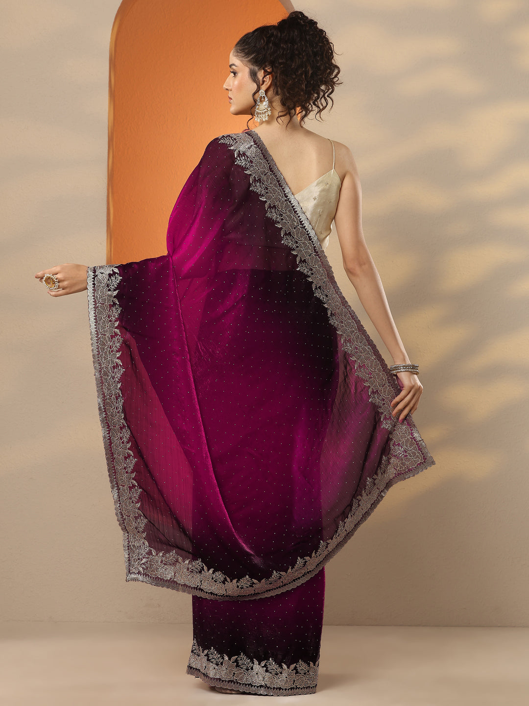 Maroon Embellished Organza Saree With Unstitched Blouse Piece