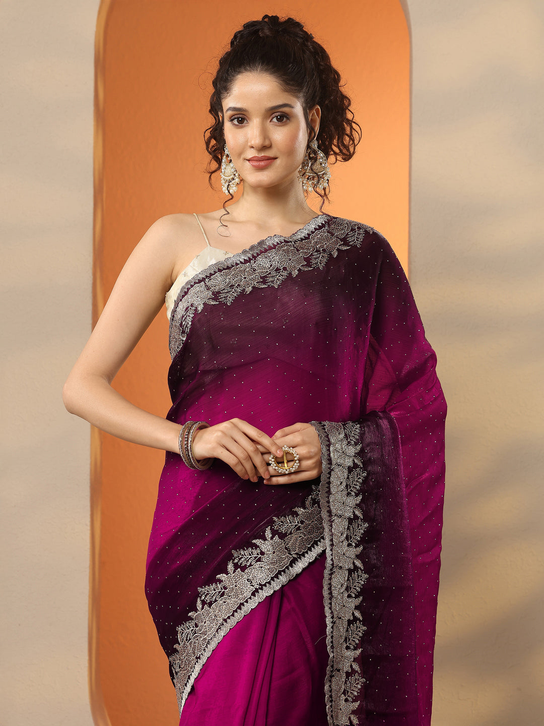 Maroon Embellished Organza Saree With Unstitched Blouse Piece