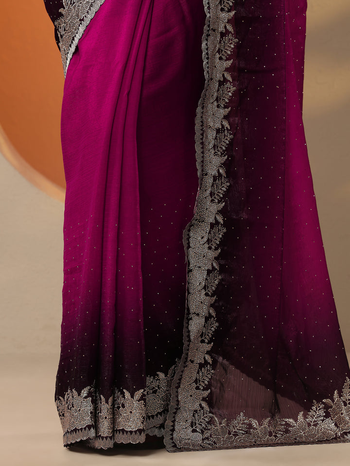 Maroon Embellished Organza Saree With Unstitched Blouse Piece