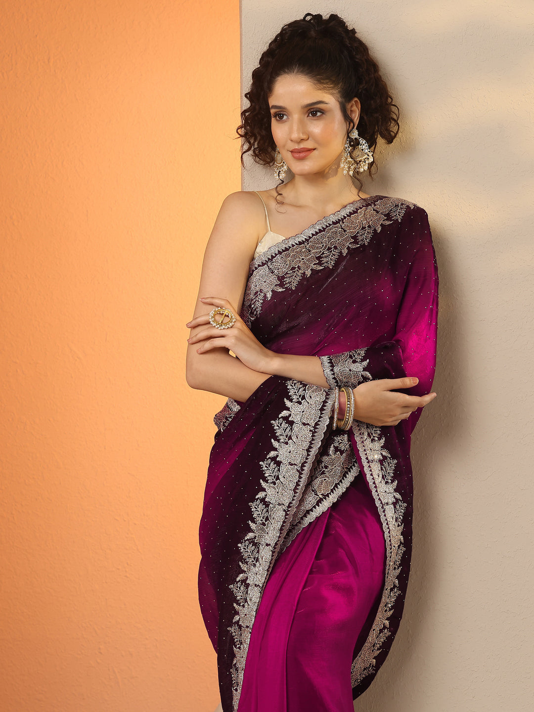 Maroon Embellished Organza Saree With Unstitched Blouse Piece