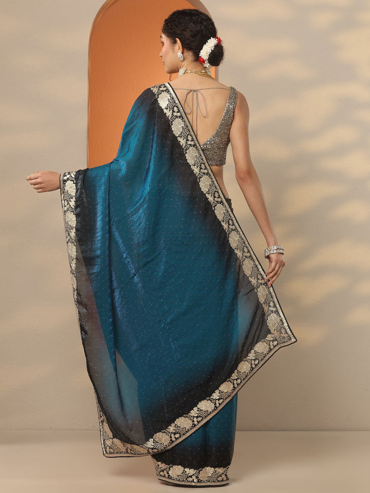 Blue Embellished Organza Saree With Unstitched Blouse Piece
