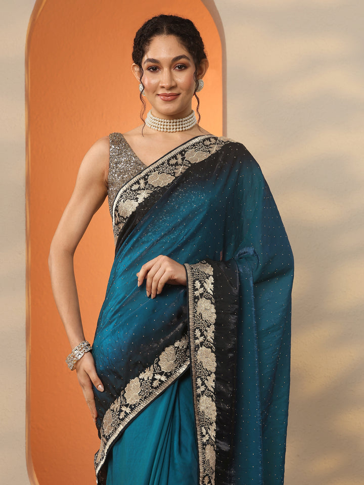 Blue Embellished Organza Saree With Unstitched Blouse Piece