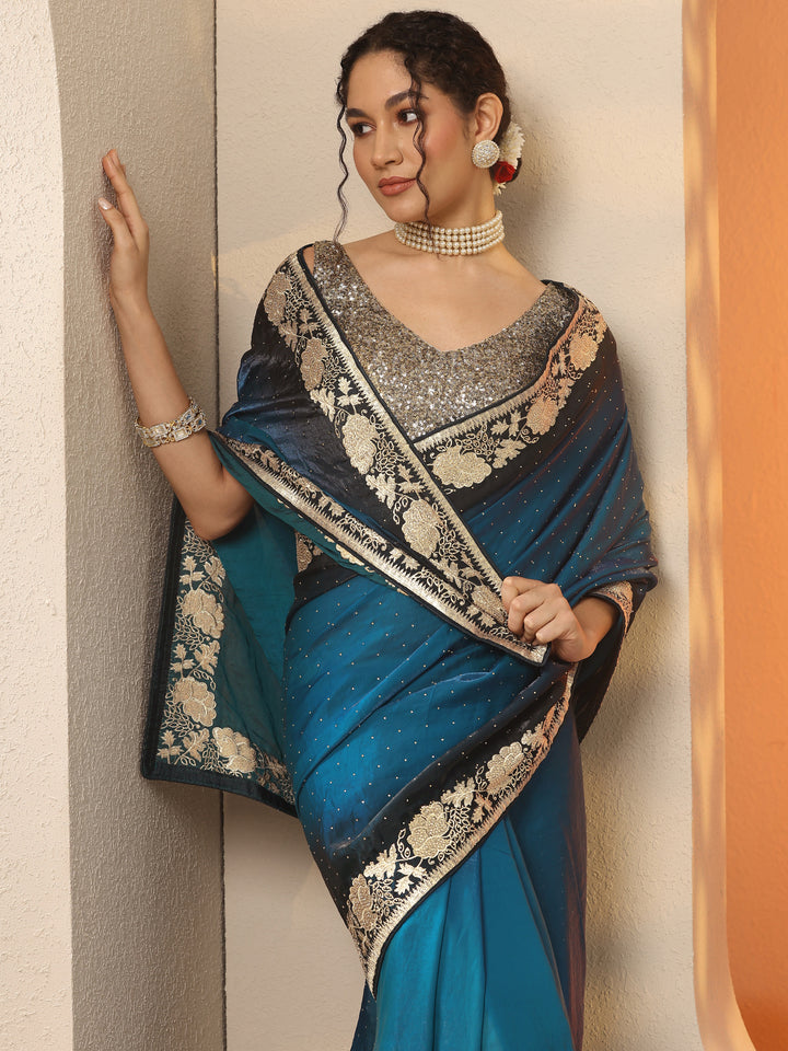 Blue Embellished Organza Saree With Unstitched Blouse Piece