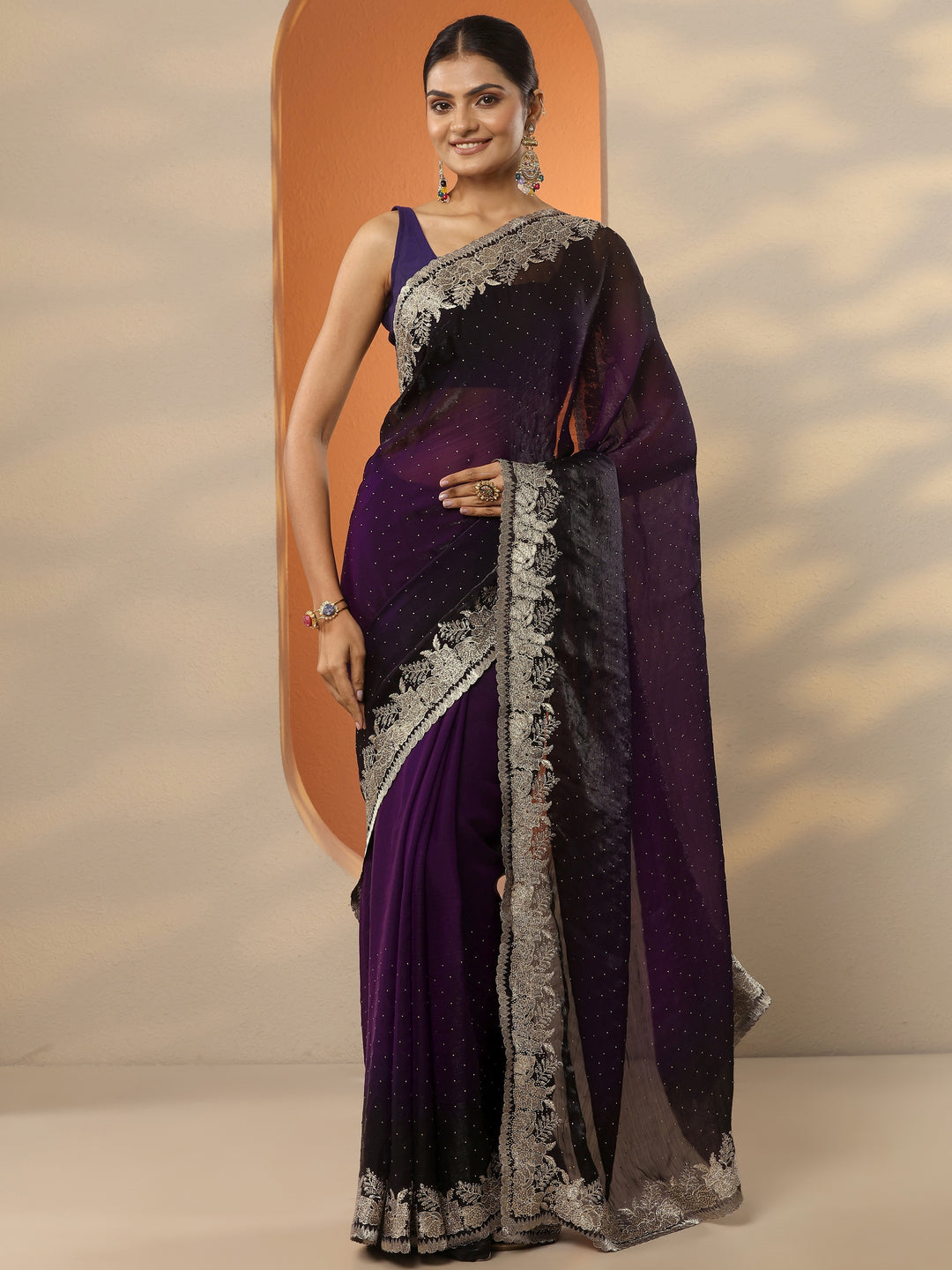 Purple Embellished Organza Saree With Unstitched Blouse Piece