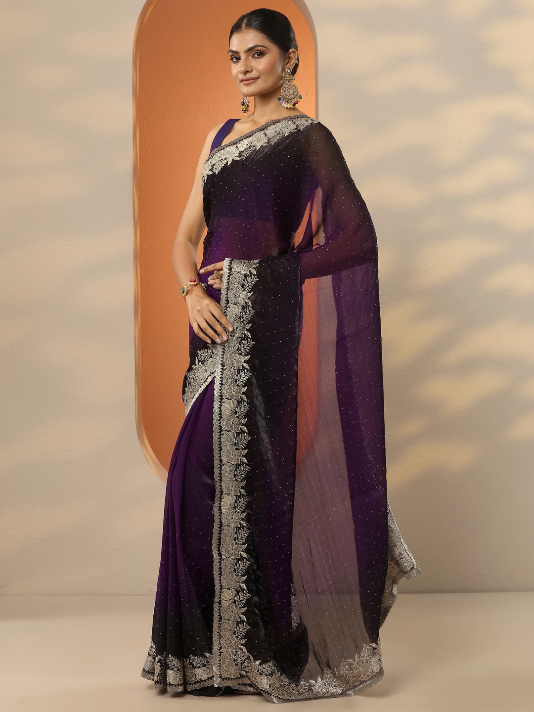 Purple Embellished Organza Saree With Unstitched Blouse Piece