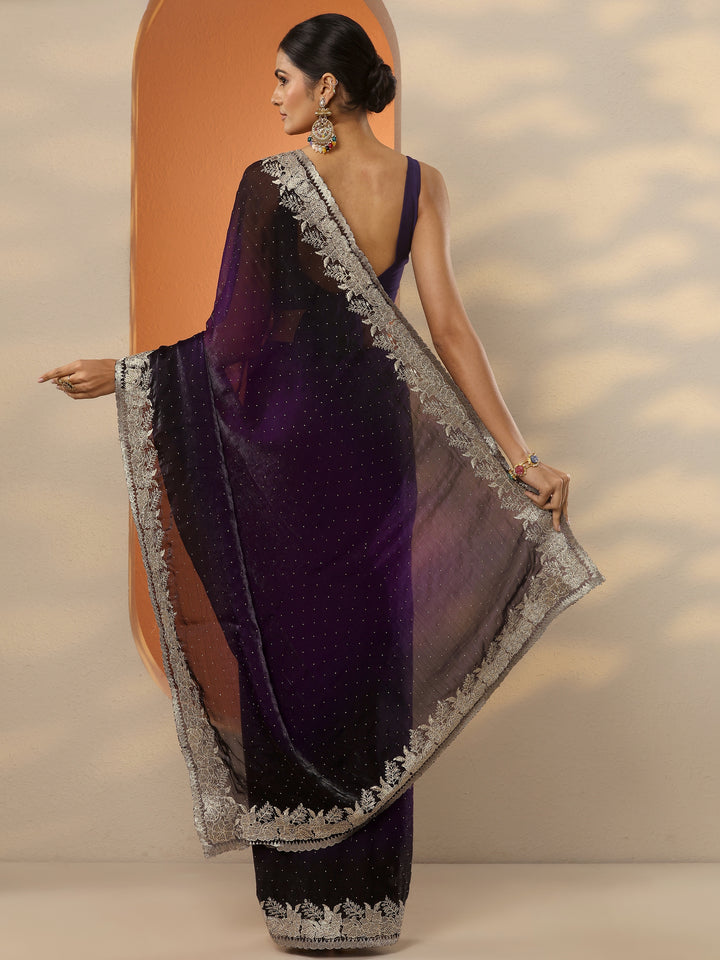 Purple Embellished Organza Saree With Unstitched Blouse Piece