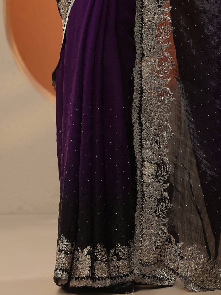 Purple Embellished Organza Saree With Unstitched Blouse Piece