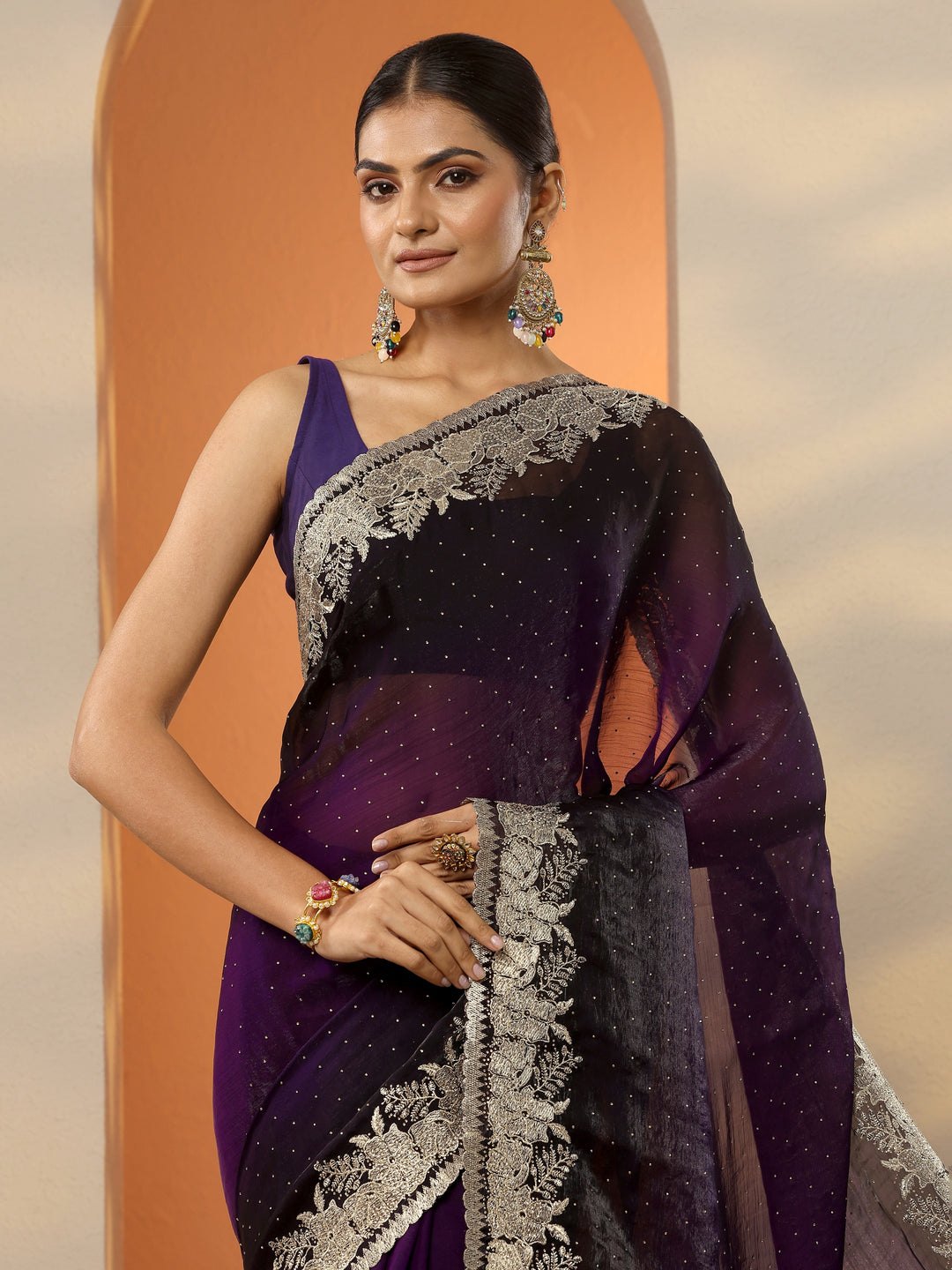 Purple Embellished Organza Saree With Unstitched Blouse Piece