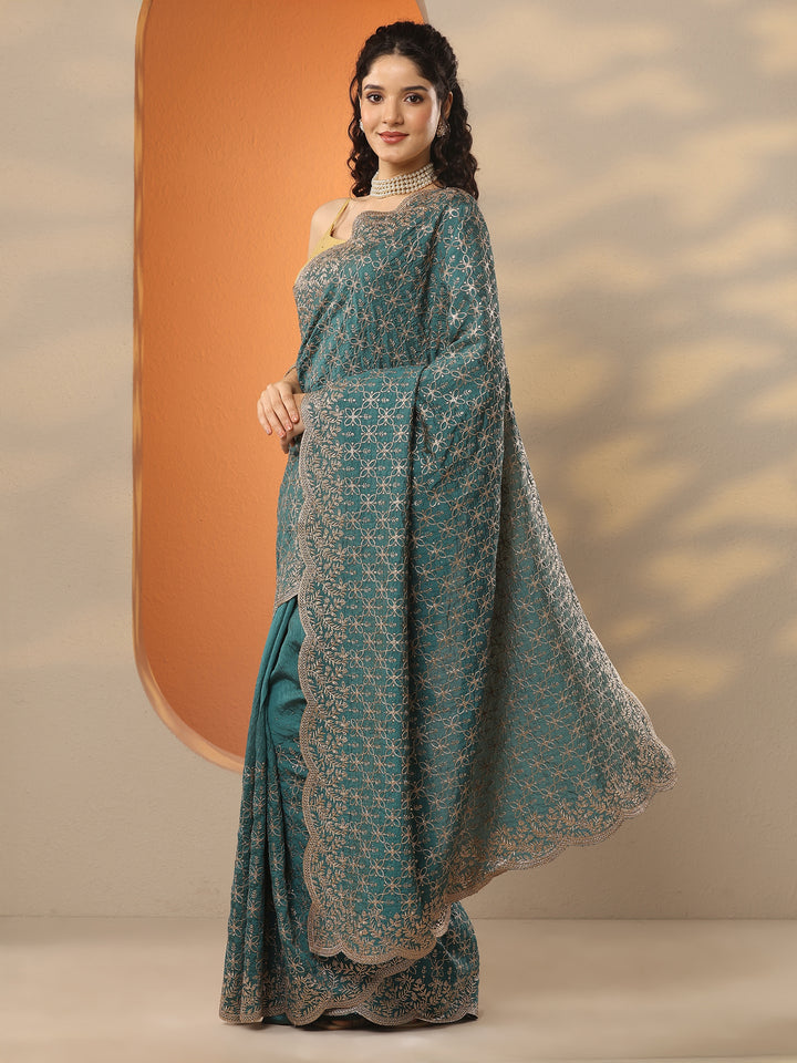 Green Embellished Silk Blend Saree With Unstitched Blouse Piece