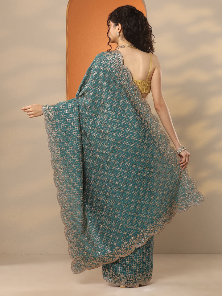 Green Embellished Silk Blend Saree With Unstitched Blouse Piece