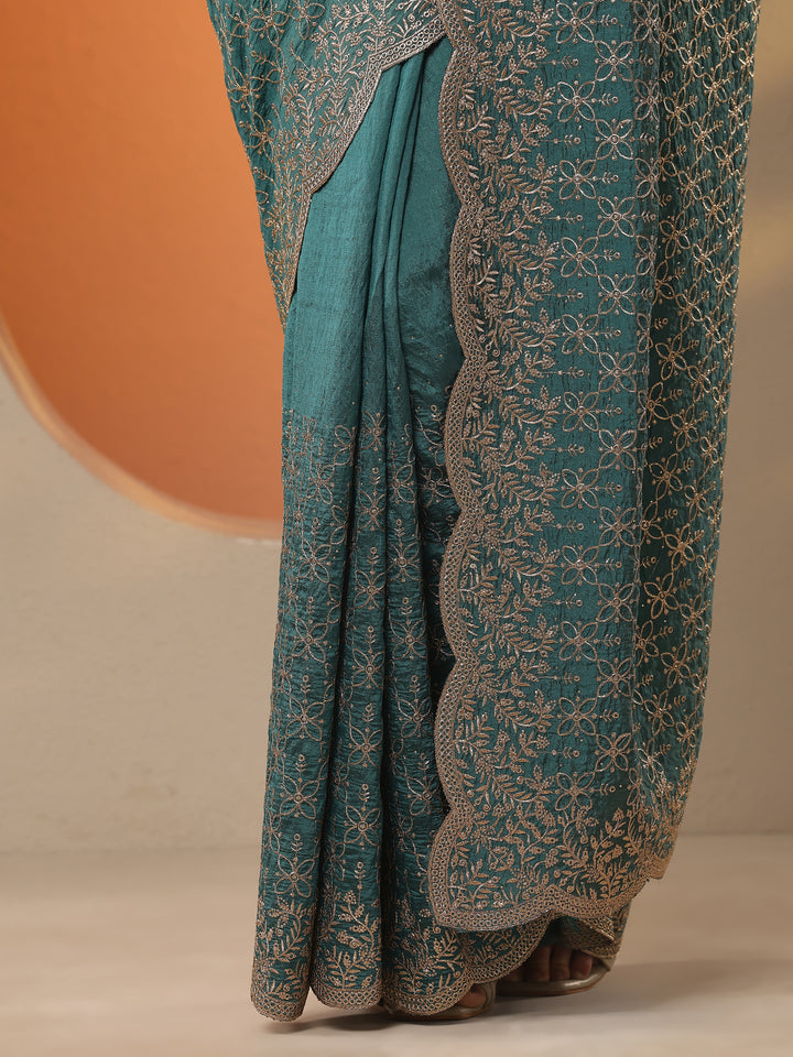 Green Embellished Silk Blend Saree With Unstitched Blouse Piece