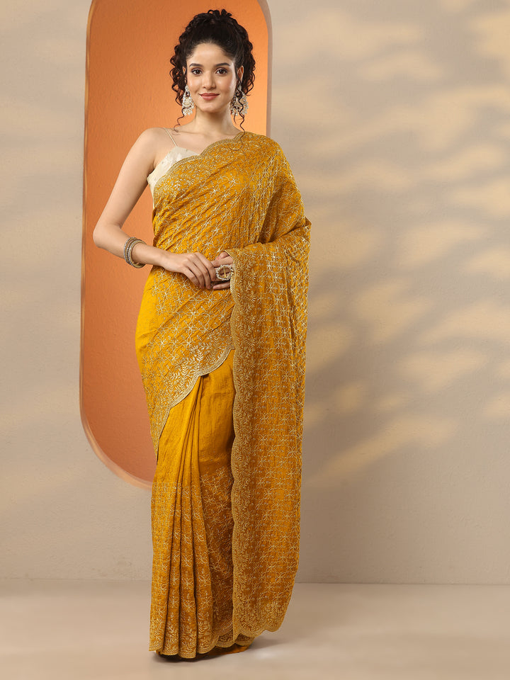 Mustard Embellished Silk Blend Saree With Unstitched Blouse Piece