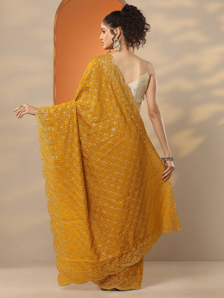 Mustard Embellished Silk Blend Saree With Unstitched Blouse Piece