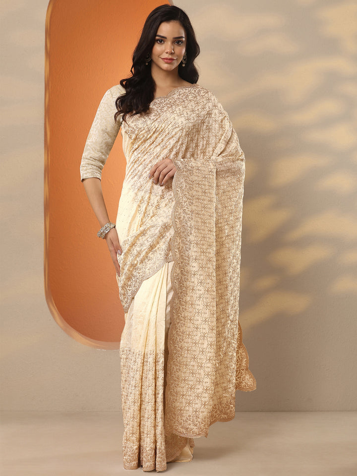 Gold Embellished Silk Blend Saree With Unstitched Blouse Piece