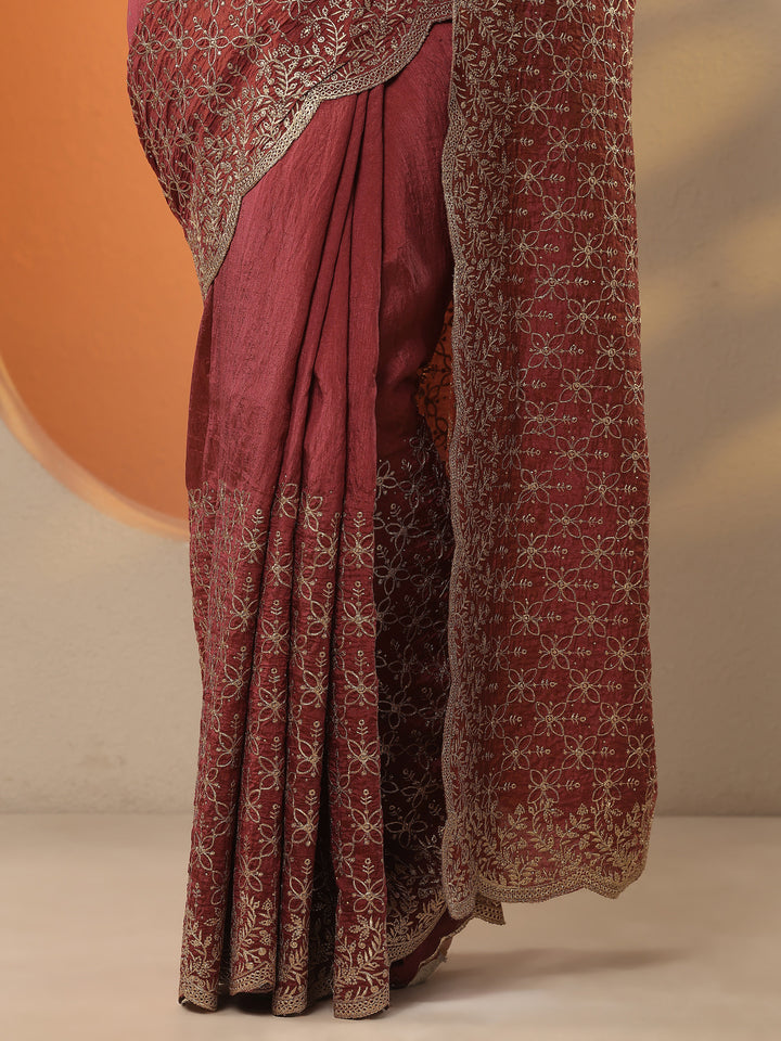 Rust Embellished Silk Blend Saree With Unstitched Blouse Piece