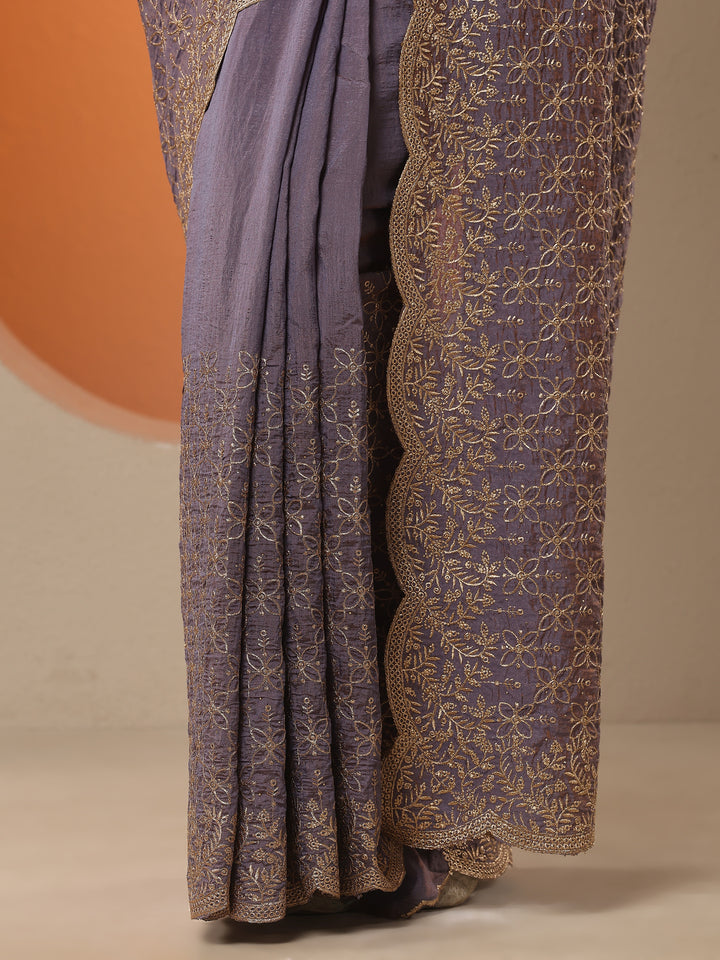 Lavender Embellished Silk Blend Saree With Unstitched Blouse Piece