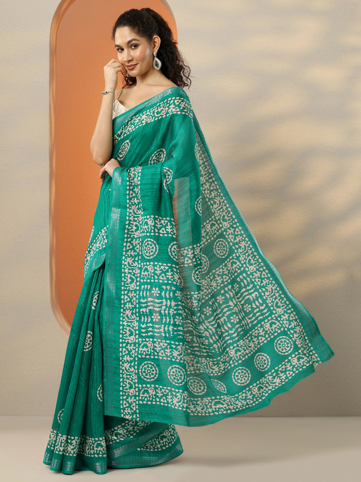 Green Printed Silk Blend Saree With Unstitched Blouse Piece