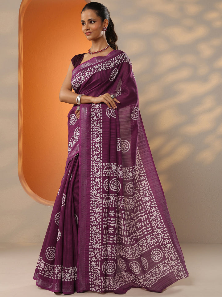 Burgundy Printed Silk Blend Saree With Unstitched Blouse Piece