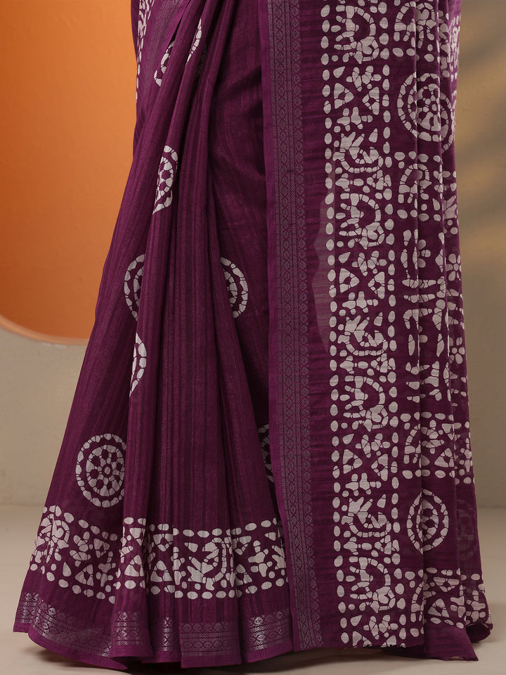 Burgundy Printed Silk Blend Saree With Unstitched Blouse Piece