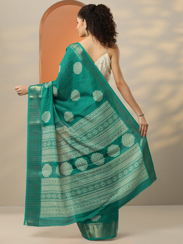 Green Printed Silk Blend Saree With Unstitched Blouse Picece