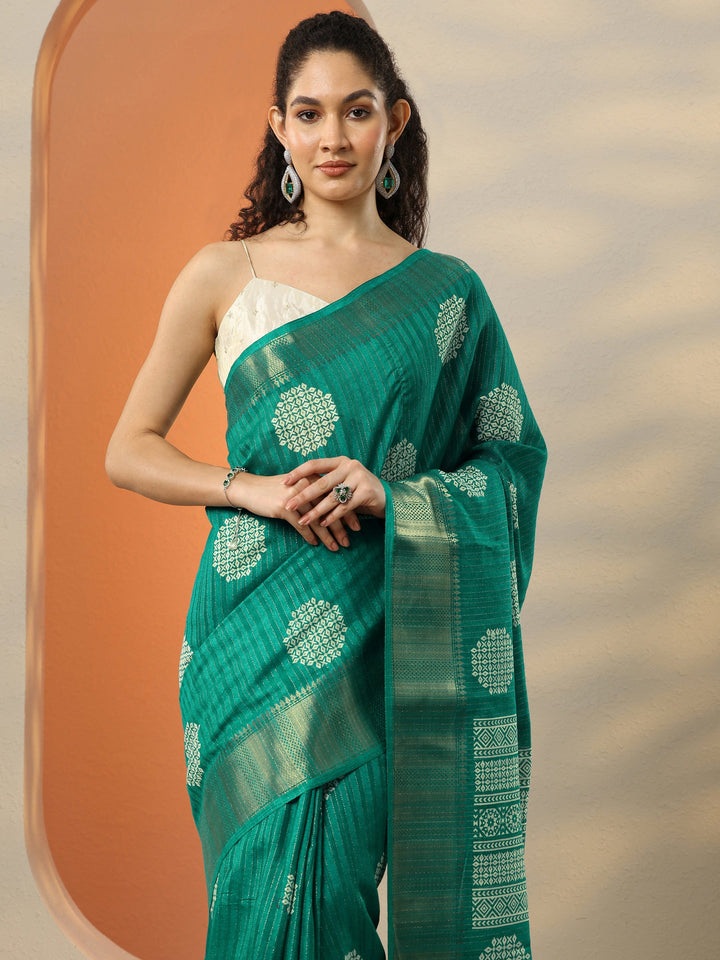 Green Printed Silk Blend Saree With Unstitched Blouse Picece