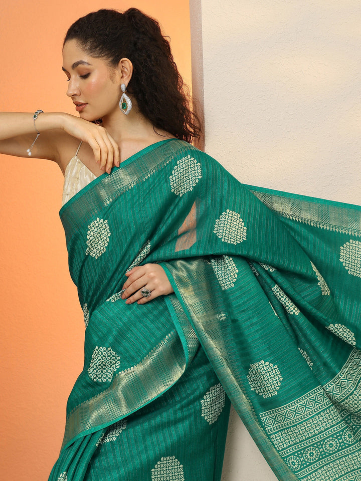 Green Printed Silk Blend Saree With Unstitched Blouse Picece
