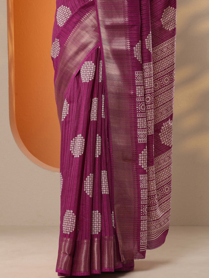 Magenta Printed Silk Blend Saree With Unstitched Blouse Picece