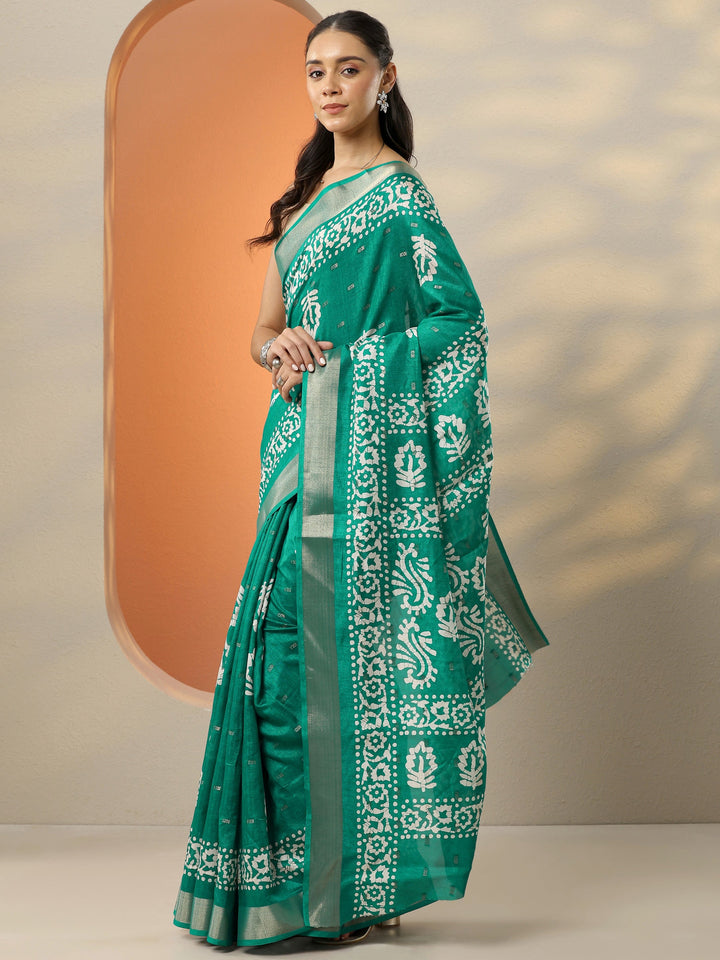 Green Printed Silk Blend Saree With Unstitched Blouse Picece