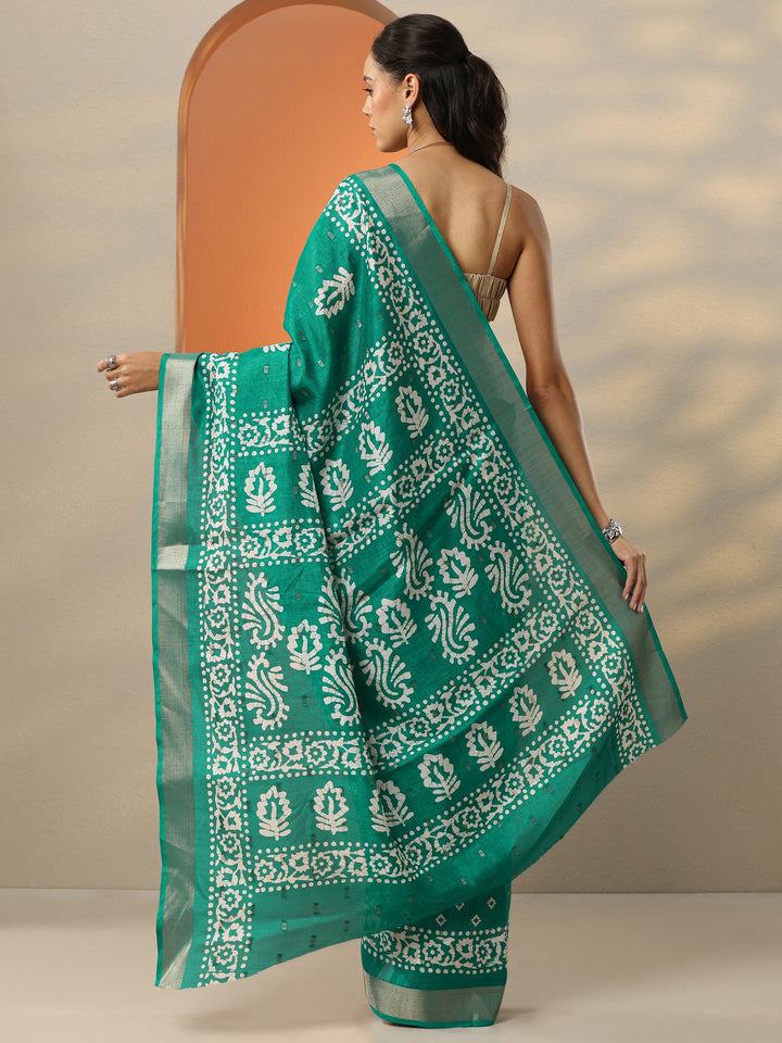 Green Printed Silk Blend Saree With Unstitched Blouse Picece