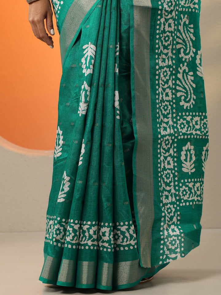 Green Printed Silk Blend Saree With Unstitched Blouse Picece