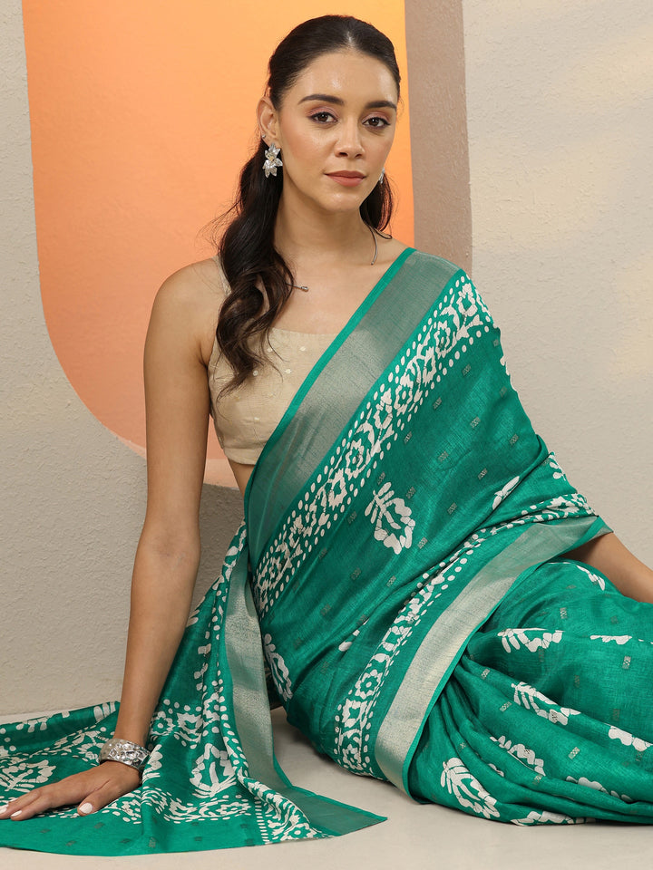Green Printed Silk Blend Saree With Unstitched Blouse Picece