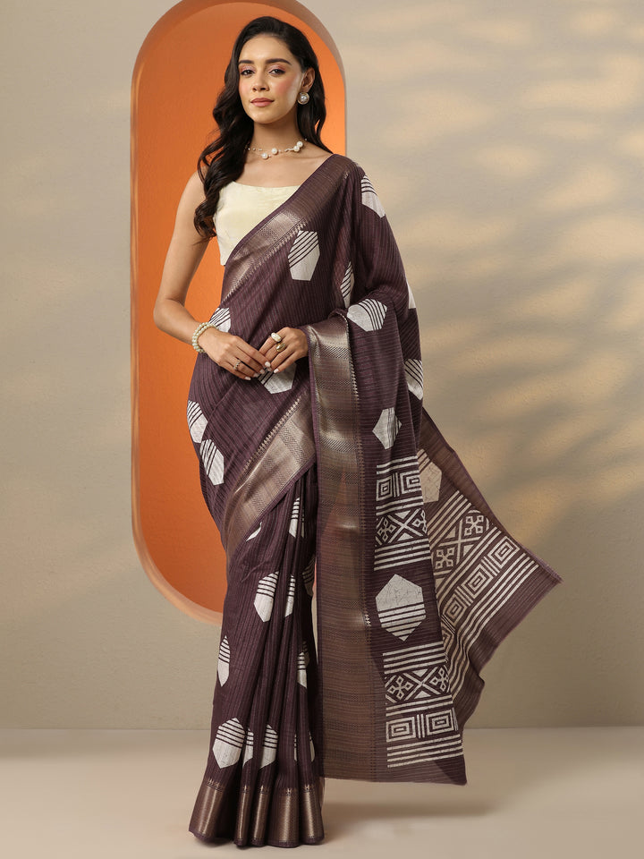 Brown Printed Silk Blend Saree With Unstitched Blouse Picece